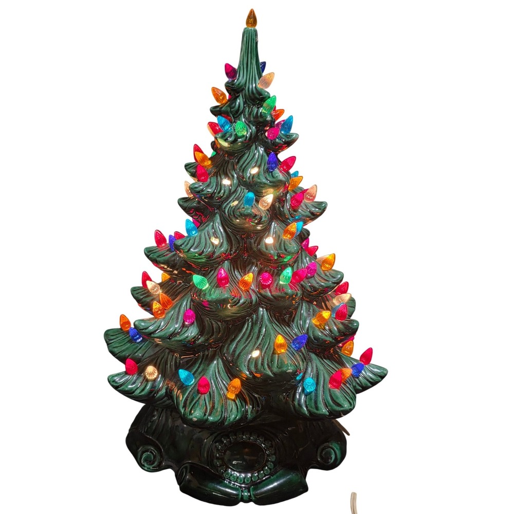 Vintage Ceramic Christmas Tree with Multicolored Lights Green Tabletop Decor